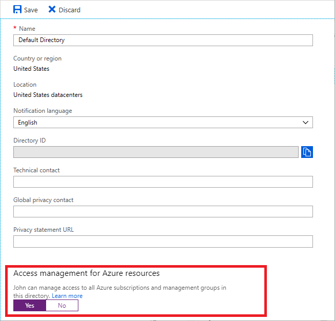 Switch ‘Access management for Azure resources’ to “Yes”