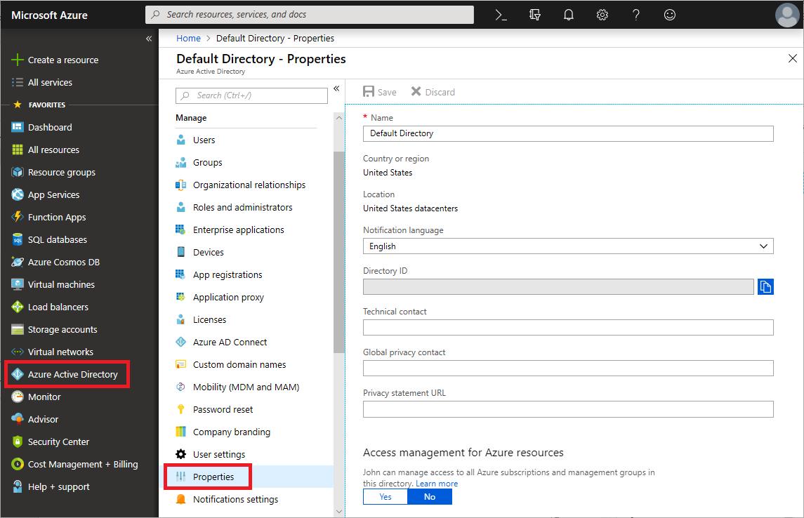 Switch ‘Azure Active Directory Properties’ to “Yes”
