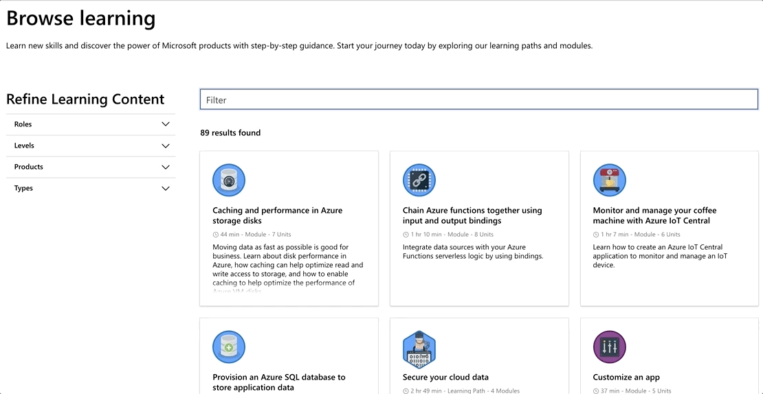 Browse through the MS Learn catalog